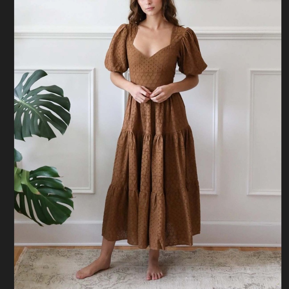 Mille Maja Eyelet Dress Size XL Boho Tiered Cotton Pocket Puff Sleeve In Caramel